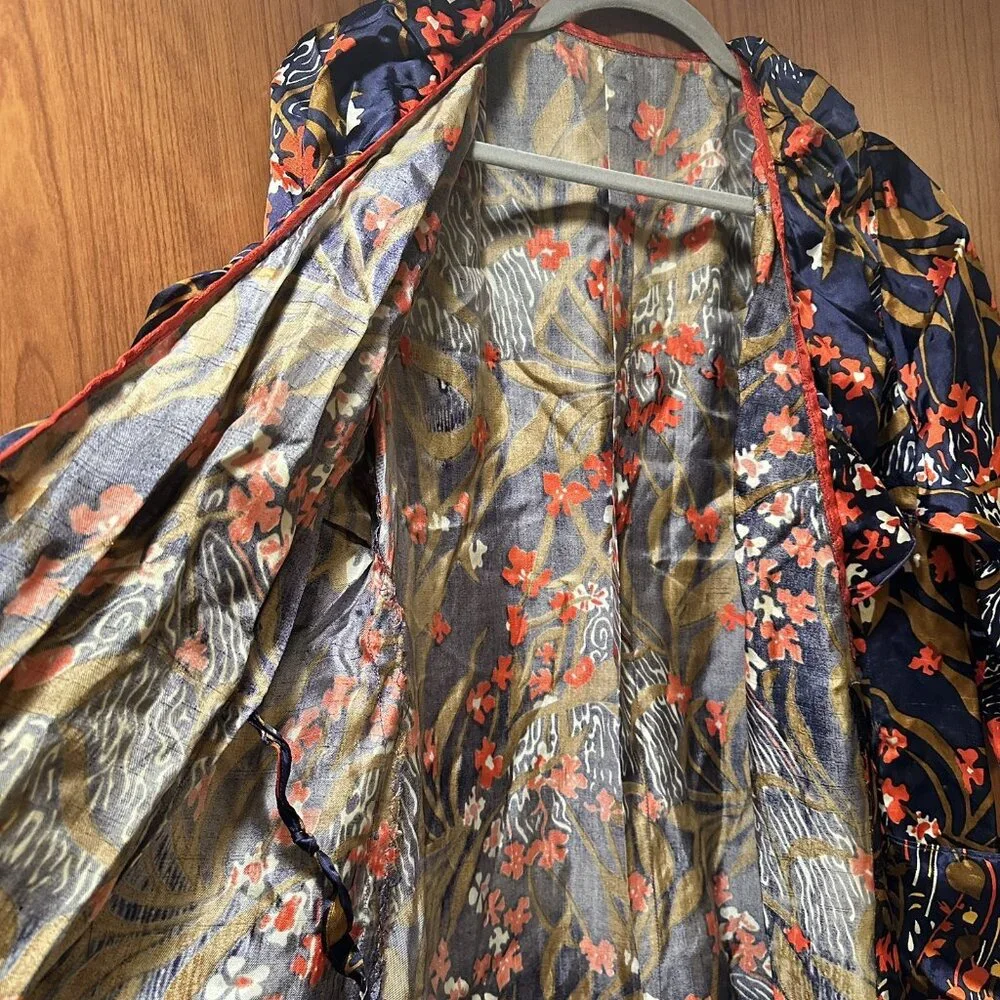 Vintage Wrap Silky Satin Robe Dressing Gown Floral Kimono Maxi Bell Sleeve 80s